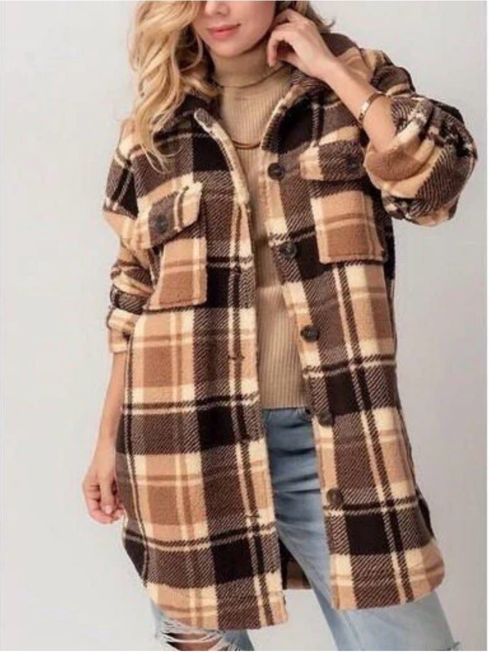 Vigoss Plaid Teddy Shacket in Brown & Cream